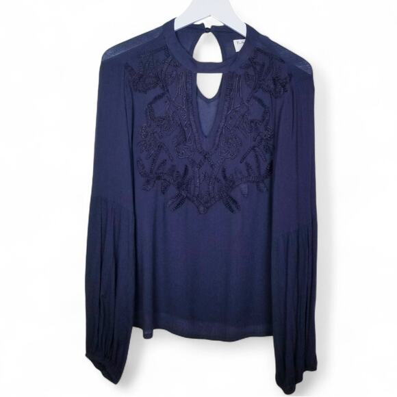 Vintage Havana Est 1954 Boho Blouse Embroidered V-Neck Keyhole #CC4619 Black - L - Picture 1 of 9